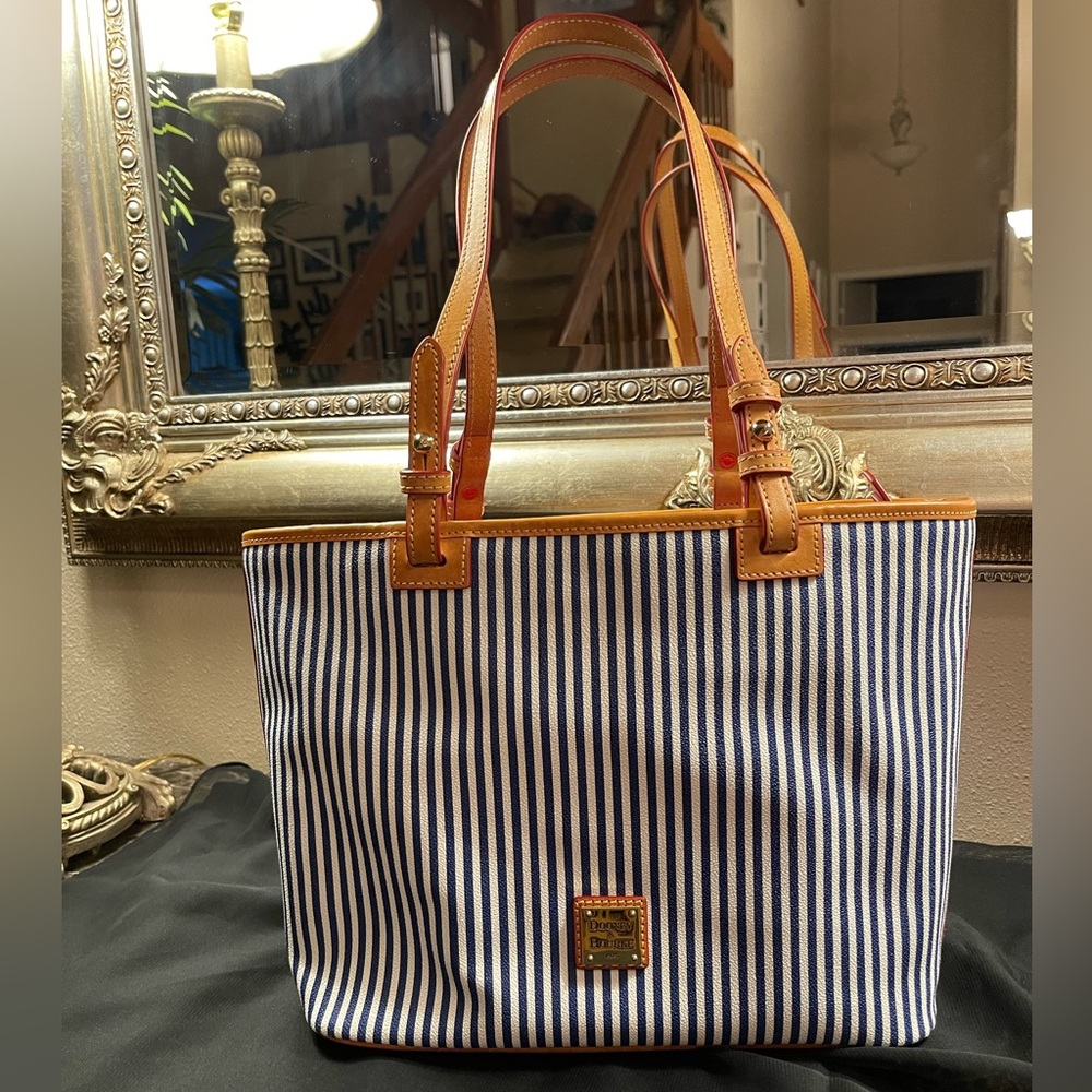 Dooney & Bourke nautical  Navy and White Striped Tote with Tan Leather Trim